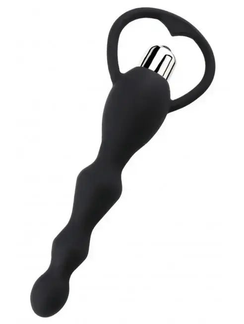 Vue de face de biais vibromasseur anal et Chapelet plug noir vibrant à piles
