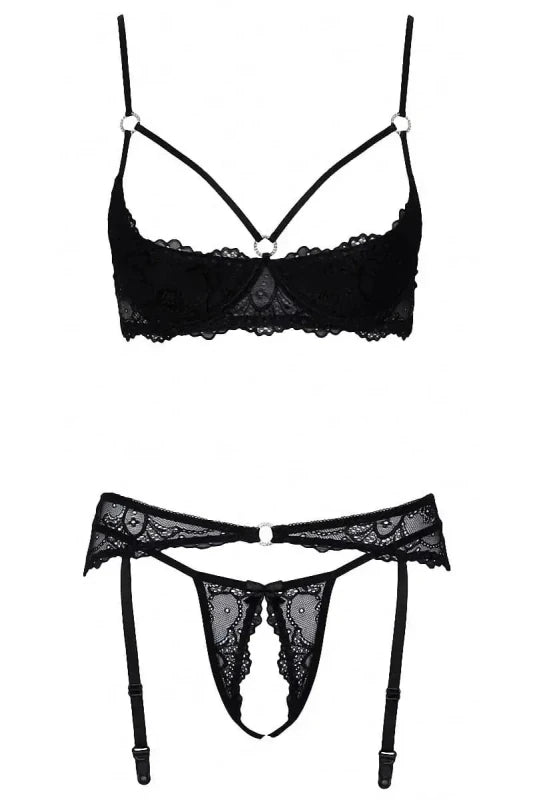 Ensemble Sexy Lingerie Ouverte Noire en Dentelle Florale - Senslov