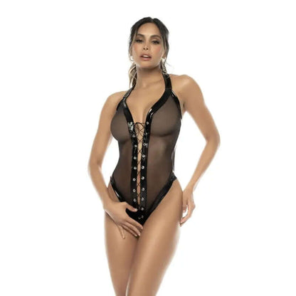 Body String Sexy Noir en Tulle et Vinyle avec laçage Devant - Senslov