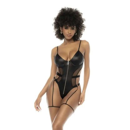 Body string avec armatures en wetlook noir et porte jarretelles - Senslov