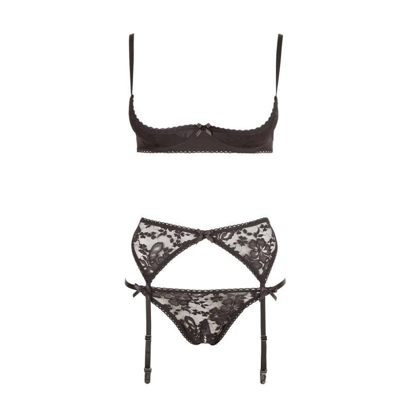Ensemble Ouvert Sexy 3 Pièces - Dentelle Noire - Senslov
