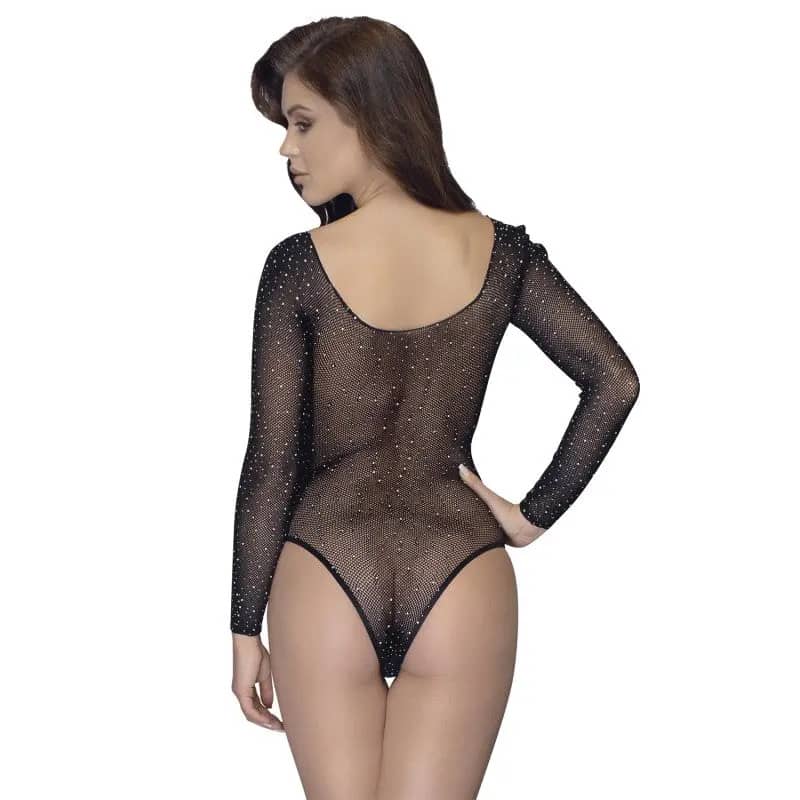 Body string à manches longues en résille avec strass - Senslov