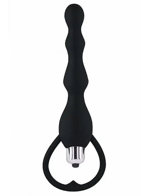 Vue de face vibromasseur anal et Chapelet plug noir vibrant à piles