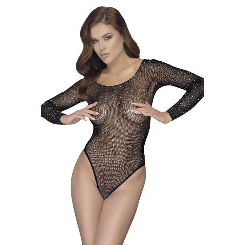Body string à manches longues en résille avec strass - Senslov