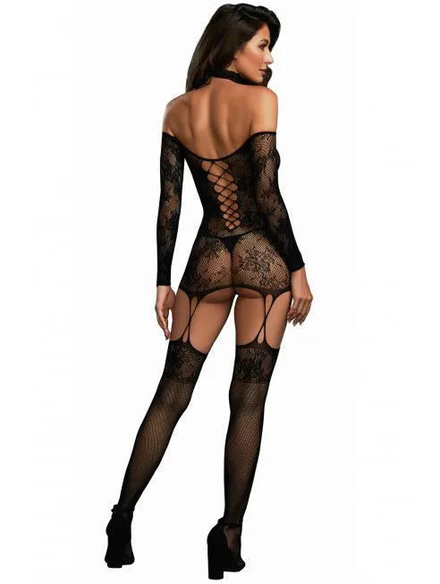 Bodystocking résille guêpière avec croisillons ajustables devant ou dos