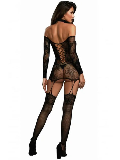 Bodystocking résille guêpière avec croisillons ajustables devant ou dos