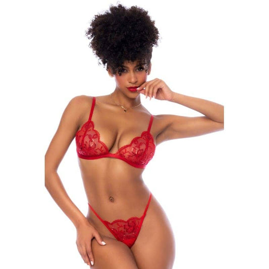 Ensemble Rouge Maille Brodée avec Détails Floraux - Senslov
