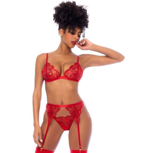 Ensemble Rouge Maille Brodée avec Détails Floraux - Senslov