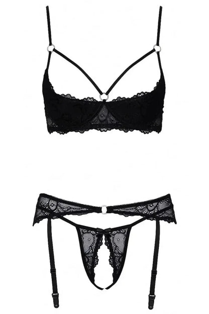 Ensemble Sexy Lingerie Ouverte Noire en Dentelle Florale - Senslov