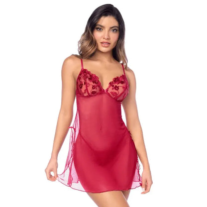 Nuisette babydoll rouge Mapalé romantique avec bonnets brodés vue de face